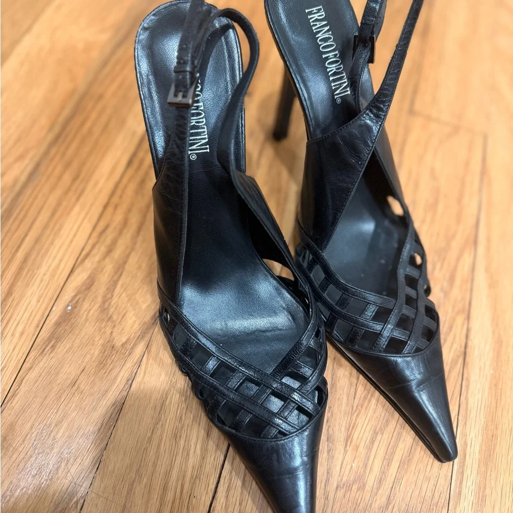 Franco Fortini Black Leather Pointed Toe Slingback Heels - Picture 2 of 4